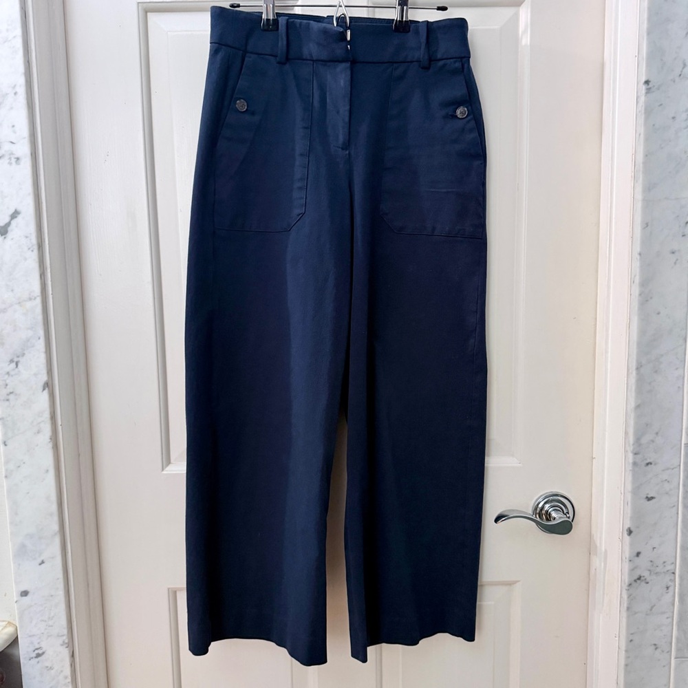 J. Crew Navy Wide-Leg Trousers with Button Detail